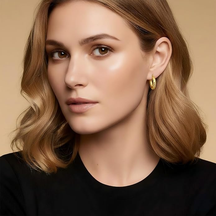 Gold Plated Hoop Earrings for Women 14K Gold Plated Earrings for Women Hypoallergenic Lightweight Wrinkle Texture Earrings Womens 20mm/25mm/30mm