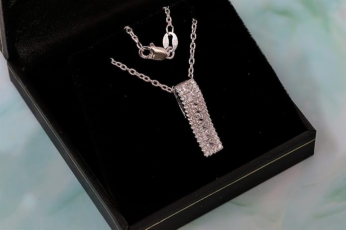 925 Sterling Silver Cubic Zirconia Vertical Bar Pendant Necklace