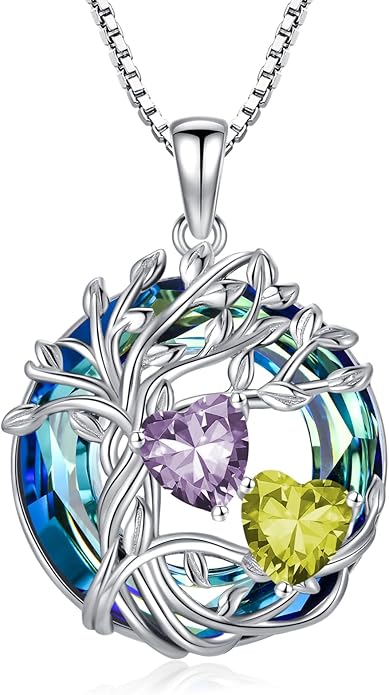 TOUPOP s925 Sterling Silver Family Celtic Tree of Life Pendant Necklaces with 2 Heart Birthstone with Blue Austrian Crystal Jewelry Birthday Valentines Day Gifts for Her, Anniversary Christmas Gifts for Wife Girlfriend Mom (18K Real White Gold Filled)