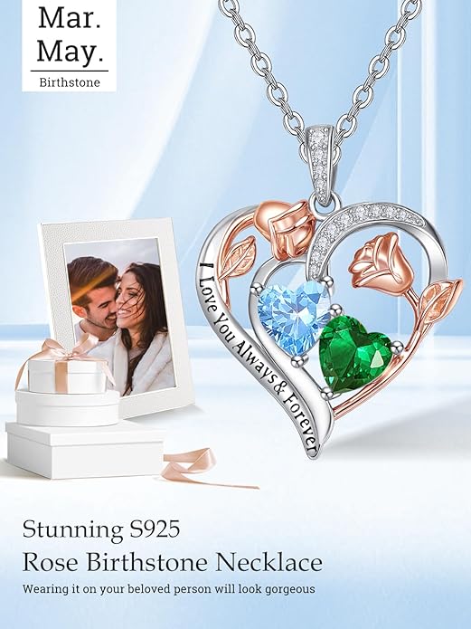 Valentine's Day Gifts for Wife 925 Sterling Silver Double Birthstone Pendant Necklaces I Love You for Always and Forever Necklace Anniversary Birthday Gifts for Wife Girlfriend Mom Her