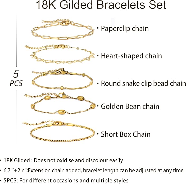 18K Gold Plated Bracelet Sets for Women Waterproof - Trendy Thin Dainty Stackable Cuban Link Paperclip Snake Twisted Chain Fashion Jewelry Accessories Gifts for Women