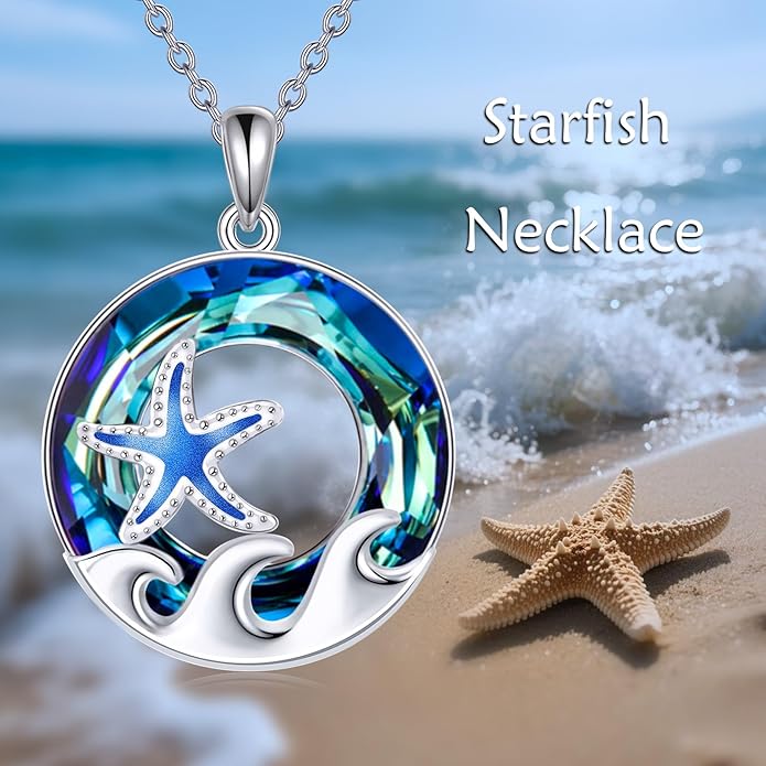 TOUPOP Sea Turtle/Mermaid/Dolphin/Shell/Starfish/Conch/Seahorse Necklace for Women Sterling Silver Ocean Pendant Necklace with Crystal Ocean Beach Charm Jewelry Birthday Christmas Gifts
