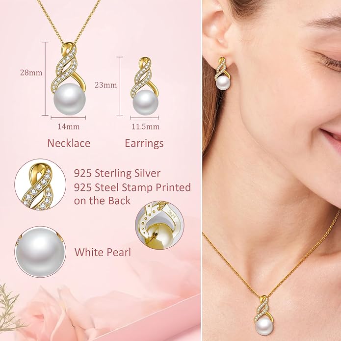 Gifts for Women-Pearl Necklace and Earring Set -925 Sterling Silver Jewelry Set- Birthday Valentines Day Anniversary or Christmas Gifts for Wife