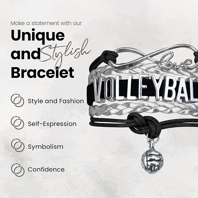 Volleyball Bracelets For Girls- Ideal Volleyball Gifts & Souvenirs. Adjustable Charm Bracelet with Moveable Letters, Infinity Symbol & Silver Volleyball Charm. Fashionable Bracelets by SportyBella.