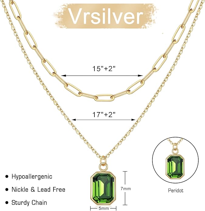 Layered Birthstone Necklace for Women Girls, 14K Gold-Plated Paperclip Chain Choker Necklace with Rectangle Birthstone Pendant Birthday Gifts for Women Girls Dainty Small