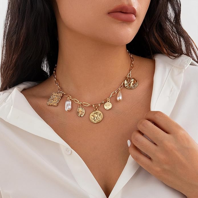 Gold Chic Charm Necklace for Women With White Pearl Square Pendant Adjustable Retro Boho Beach Style Trendy Summer Shell Pearl Coin Paperclip Chain Necklaces Jewelry for Women (style2)