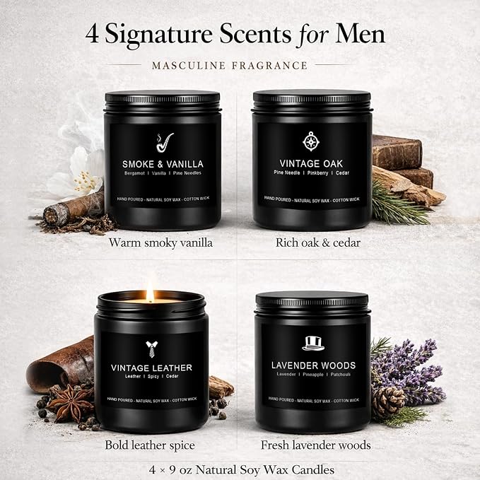 Scentes Candles Set for Men, 4 Pack Mens Masculine Soy Candles | Leather - Image 2