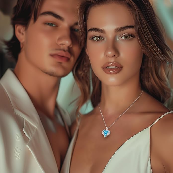 CDE Valentines Day Gifts for Women Angel Wings Necklace for Women with Birthstone, Love Heart Silver Tone/Gold Tone Pendant, Ideal Anniversary or Birthday Jewelry Gifts for Wife Girlfriend Her