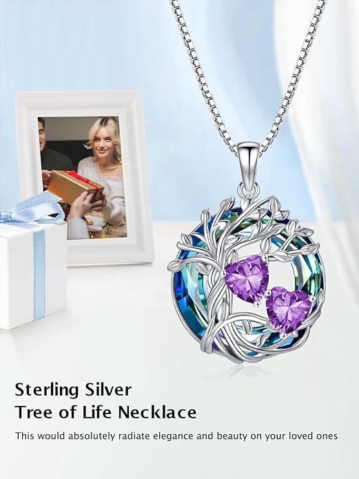TOUPOP s925 Sterling Silver Family Celtic Tree of Life Pendant Necklaces with 2 Heart Birthstone with Blue Austrian Crystal Jewelry Birthday Valentines Day Gifts for Her, Anniversary Christmas Gifts for Wife Girlfriend Mom (18K Real White Gold Filled)