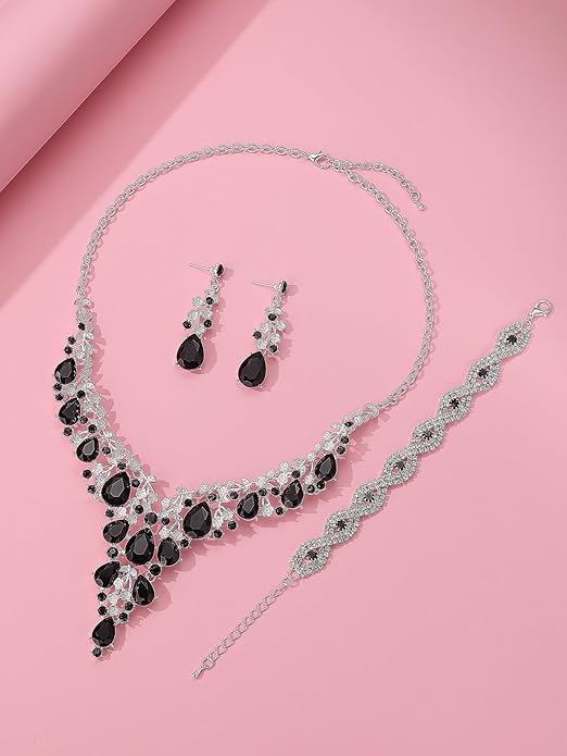 Wedding Bridal Bridesmaid Austrian Crystal Rhinestone Jewelry Sets Statement Choker Necklace Earrings Bracelets Sets for Wedding Party Prom