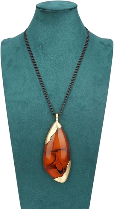GelConnie Leather Necklace for Women Large Pendant Long Brown Necklace Circle Leather Choker Vintage Sweater Necklace Gold Chunky Boho Necklaces for Women