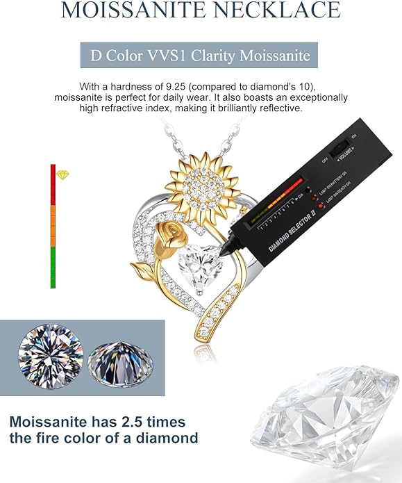 S925 Silver Moissanite Necklaces for Women, Anniversary Birthday Gifts for Wife Mom Her, Christmas Jewelry Gifts for Her, Moissanite Heart Pendant, Sunflower Heart Necklace