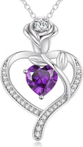 LOUISA SECRET Rose Flower Heart Birthstone Necklaces for Women, 925 Sterling Silver Fine Jewelry, Pendant Heart Necklaces Birthday Anniversary Christmas Gift for Women Wife Mom Girlfriend Lady