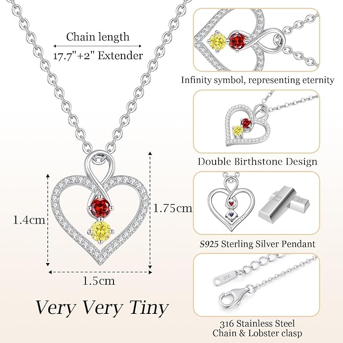 LOUISA SECRET Infinity Double Birthstone Necklace, 925 Sterling Silver Tiny Pendant Heart Necklace for Women Wife Her, Best Jewelry Gift Heart Jewelry Meaningful Gift for Valentine's Day, Christmas, Birthday Anniversary