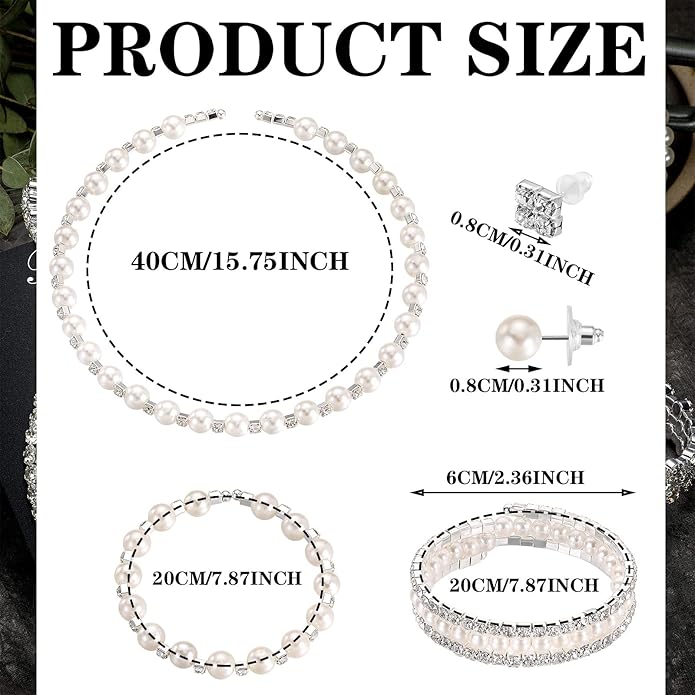 Glenmal Pearl Rhinestone Jewelry Set for Women Pearl Necklace Bracelet Earrings for Wedding Birthday Bridal Shower Tea Party