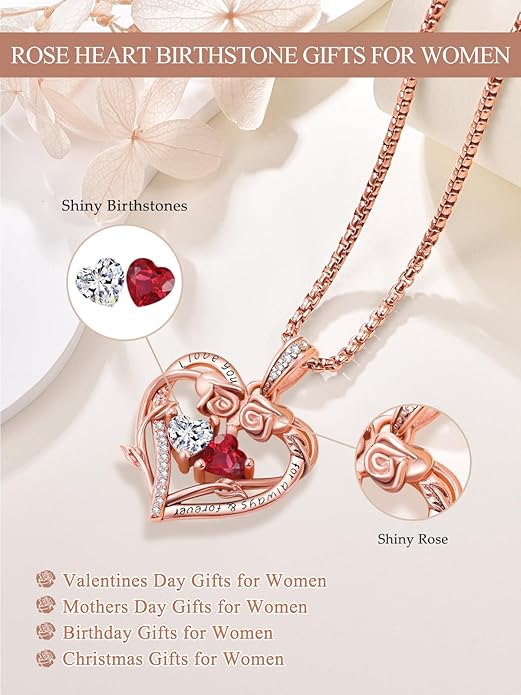 Rose Heart Necklaces for Women, Rose Gold Forever Love Jewelry with 2 Birthstones Pendant,Valentines Anniversarry Birthday Gifts for Her Wife Mom Grandma Daughter, 18+2 Inch Chain