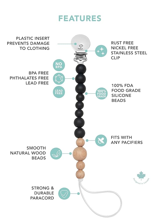 Colour Block Pacifier Clip – Food-Grade Silicone Soother Holder & Teether Strap – Secure, Non-Toxic Binky Clip for Babies – Durable, Stylish, and Easy to Clean – Unisex Baby Accessory - Black