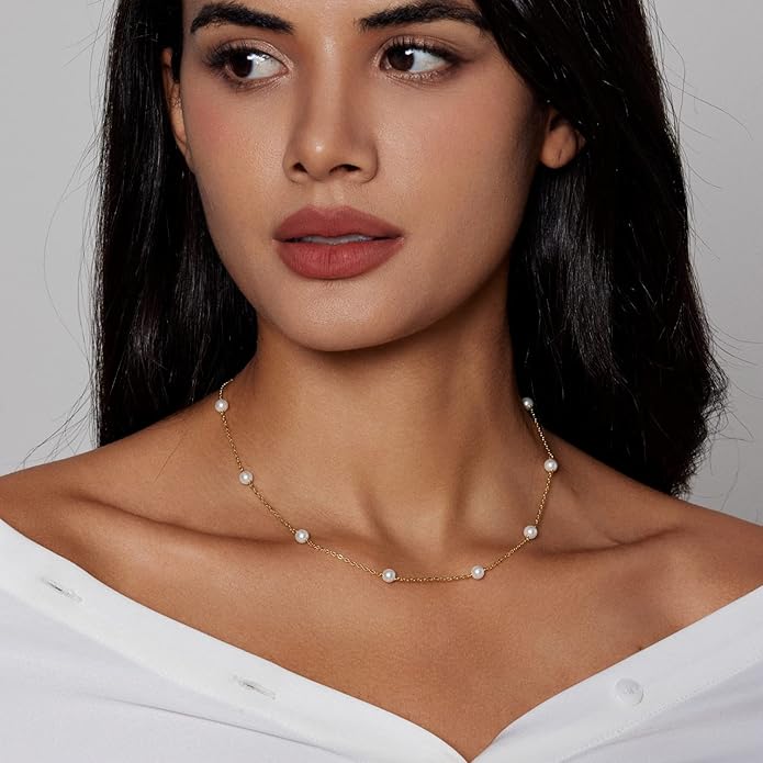 Zeffy Pearl Necklace 4MM/6MM/8MM Dainty Round Imitation Pearl Choker Necklace Wedding Pearl Necklace Delicate Jewelry for Women Simple Bridesmaid Jewelry Gifts