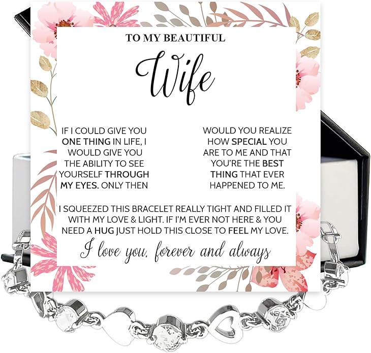 “To My Wife Heart Bracelet – Crystal Heart Link Jewelry Gift with Message Card”.