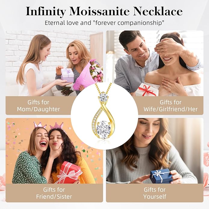 1.5CT Moissanite Infinity Pendant Necklace in Gift Box|Anniversary Wedding Gifts for Women Wife Her|S925 Sterling Silver 18K White Gold/Gold Filled|Jewelry for Birthday Christmas Valentines Day