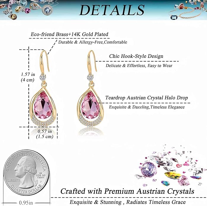 Austrian Crystal Halo Teardrop Hollow Drop Dangle Earrings for Women 14K Rose Gold Plated Hypoallergenic Jewelry Gifts