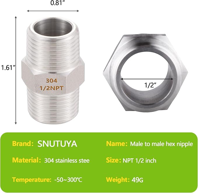 2PCS Hex Nipple 1/2" x 1/2" Male Pipe Fittings, 304 Stainless Steel 1/2 inch - Image 2