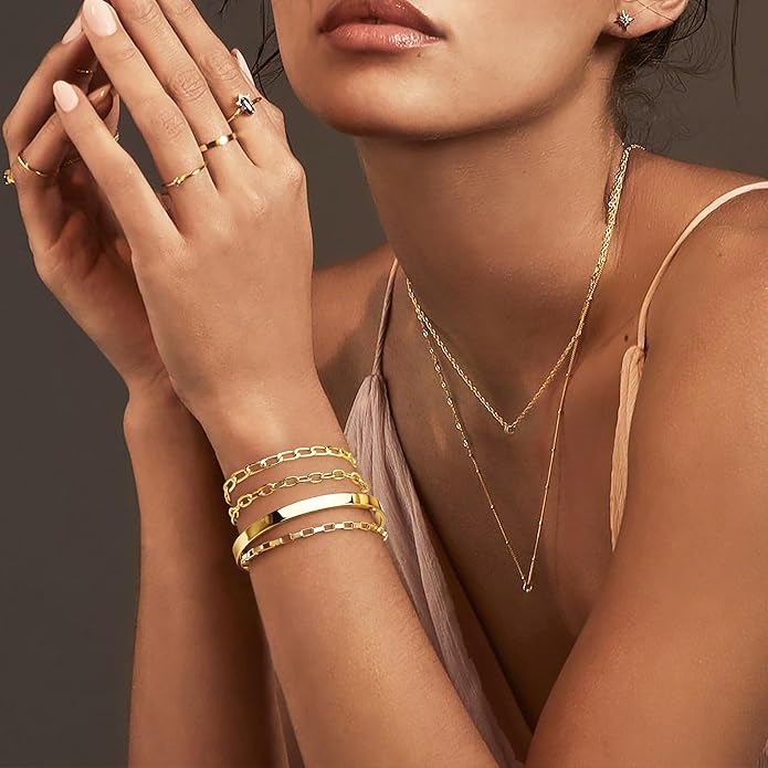 Gold Bracelets Set for Women Stack, Dainty Thick Bracelets Stack for Women Trendy, Simple Thin Gold Plated Cuff Stackable Bracelets With Beaded Cuban Paperclip Snake Rope Bangle Hand Chain Jewelry Gifts for Women Non Tainish