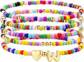M MOOHAM Valentines Gifts for Kids - 5PCS Colorful Beaded Initial Bracelets for Girls Women Cute Stretch Heart Letter Bracelet Initial Stackable Bracelet Birthday Gift Jewelry for Kids Teen Girl