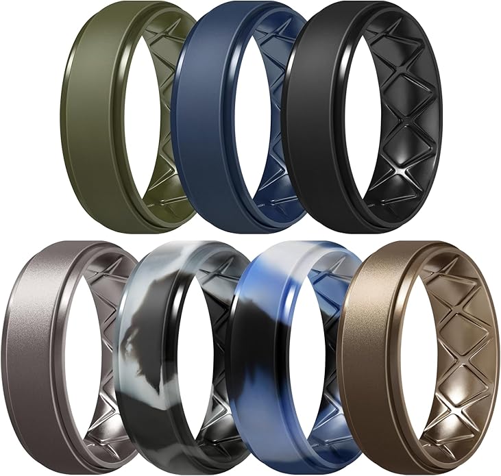 Egnaro Men's Rings 8.5mm Wide-2mm Thick Inner Arc Ergonomic Breathable Rubber Wedding bands-Hypoallergenic for Gym/Outdoor/Gift((1-7 Variety Pack with Half Size)
