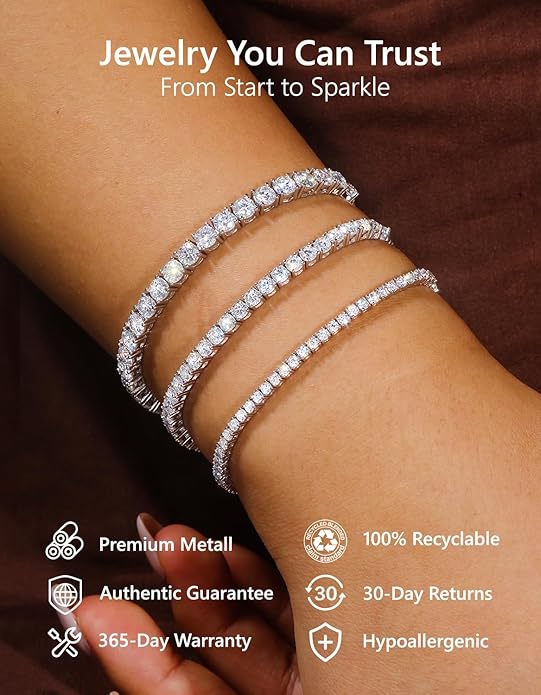 KRKC&CO Tennis Bracelet, Adjustable Length S925 Sterling Silver 2/3/4mm, Christmas Birthday Gifts for Her, Gift Box, Cubic Zirconia Bolo Bracelets for Women White/14K Gold Plated, Hypoallergenic