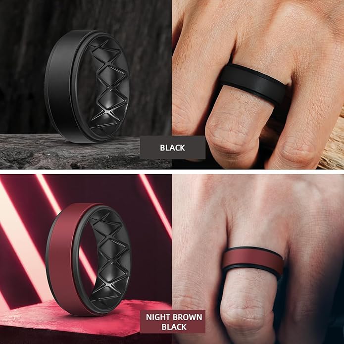 Egnaro Silicone Rings for Men 1/4/5/6/7 Multipack of Breathable Mens Silicone Rubber Wedding Rings Bands - Step Edge