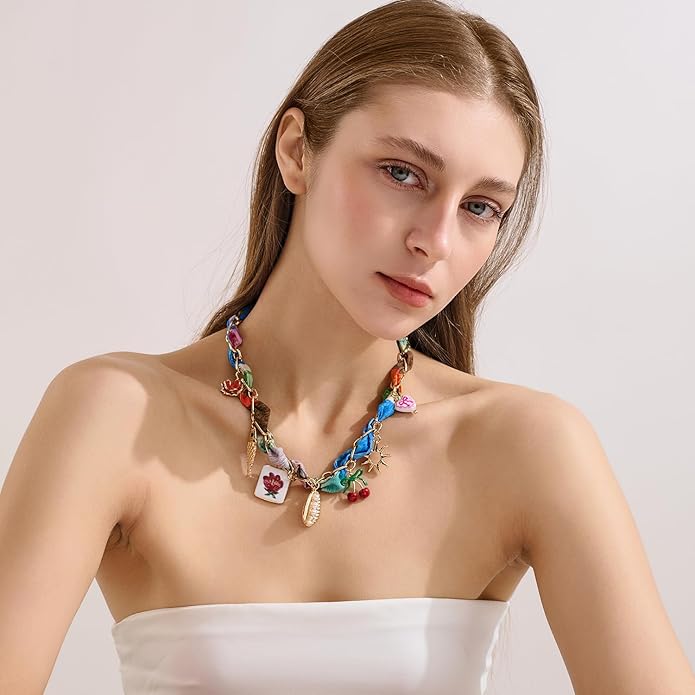 LILIE&WHITE Gold Charms Necklace for Women Bandana Necklace with Colorful Charms Necklaces Beach Jewelry Gift