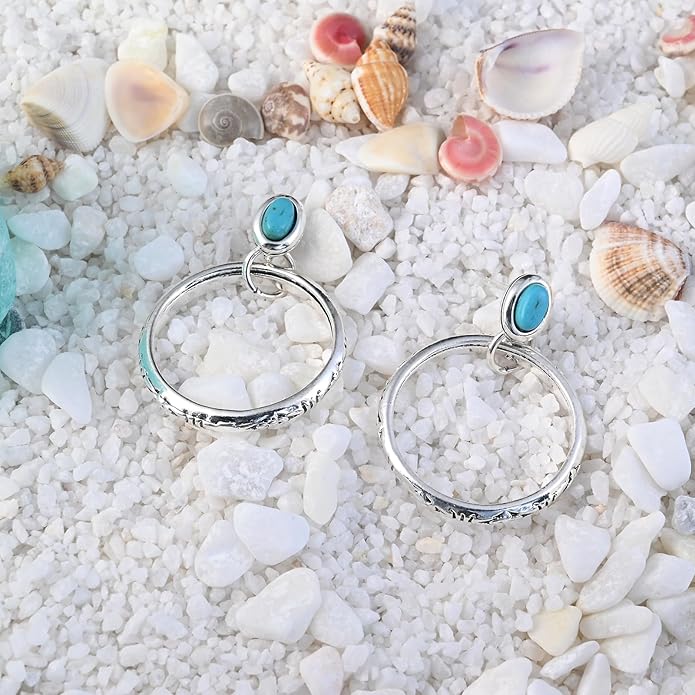 Natural Turquoise Gemstone Birthstone Stud Earrings with Circle Dangle Hoop Earrings Boho style for Vintage Western Jewelry