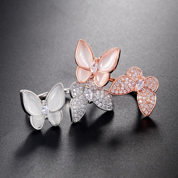 Double Butterfly Rings for Women AAA Cubic Zirconia Finger Ring Ladies Fashion Hand Jewelry Natural Stone Adjustable Ring