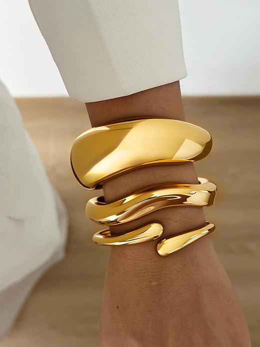 3Pcs Chunky Gold Bangles Bracelets for Women, Spring Hinged Big Stackable Bangles Set, Trendy Cuff Bracelet Stack Fashion Jewelry Gifts