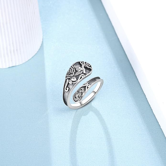 Hummingbird Spoon Ring 925 Sterling Silver Hummingbird Adjustable Thumb Rings for Women Humming bird Gift Ideas for Mom Wife