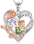 I Love You Birthstone Necklace, 925 Sterling Silver Heart Pendant with CZ Diamond Stones, Birthday Gifts for Women, Romantic Gift for Wife, Girlfriend, Her, Anniversary, Valentine's Day, Christmas
