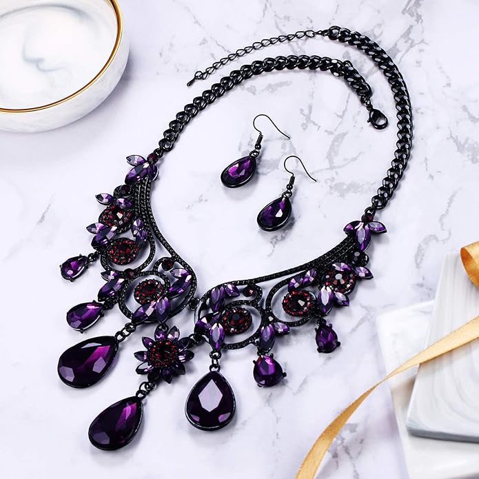 BriLove Women's Tribal Ethnic Crystal Chunky Statement Necklace Dangle Earrings Set