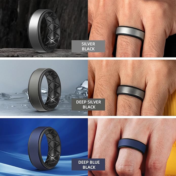 Egnaro Silicone Rings for Men 1/4/5/6/7 Multipack of Breathable Mens Silicone Rubber Wedding Rings Bands - Step Edge
