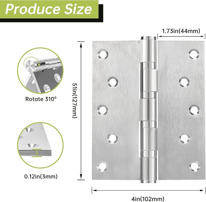 5" Ball Bearing Door Hinges 6 Pack, Heavy Duty Stainless Steel Hinge 5 x 4 Inch - Image 2