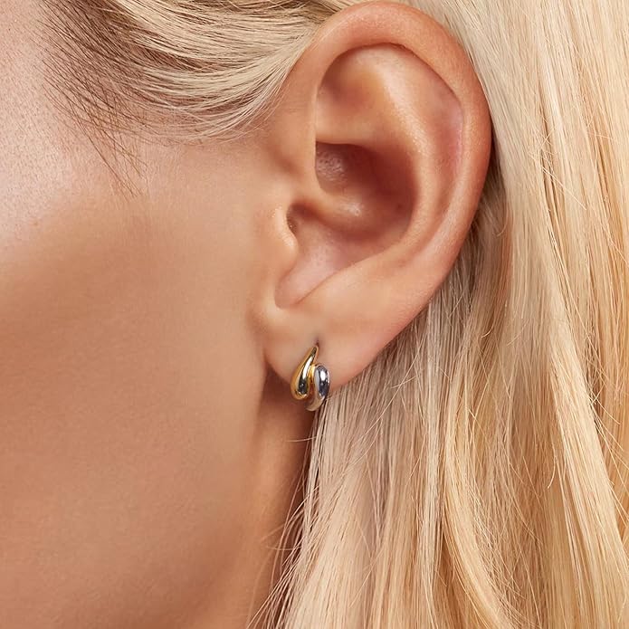 WOSTU 14K Gold Plated Two-Tone Oval Hoop Earrings for Women, Water Drop Design Lightweight Huggie Earrings,925 Sterling Silver Posts Double Drop Chunky Hoops Hypoallergenic Ear Buckles