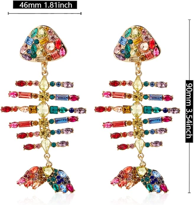 Creative Exaggerated Long Colorful Sparkly Crystal Fish Bone Dangle Drop Earrings Vintage Gold Cute Enamel Diamond Animal metal Stud Earrings