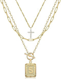 MJartoria Layered Initial Necklaces for Women Trendy, 14K Gold Plated Brass Simple Dainty Cross Choker Square Letter Pendant Necklace, Paperclip Chain Necklaces Jewelry