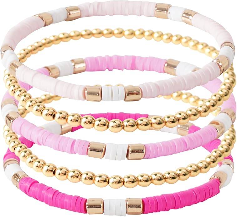 GOOJIDS Surfer Heishi Clay Bead Bracelets for Women Bohemian Stackable Gold Plated Beaded Stretch Bracelets Elastic Layering Friendship Bracelets Set Boho Jewelry