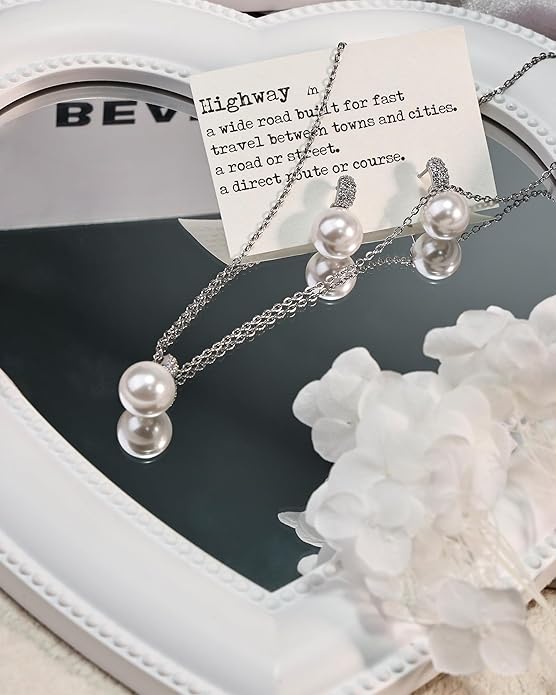 Classic Pearl Jewelry Set for Women – Elegant Pearl Necklace and Earrings Set with 14K Gold Plated Silver Chain Jewelry Perfect as Special Occasion Gift