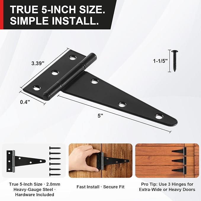 5 Inch Heavy Duty Door Hinges, 6 Pack Black Hinges T Strap Hinges, True 2.0mm - Image 5
