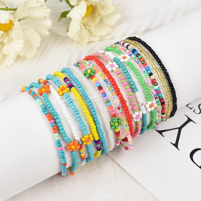 XIJIN 18 Pieces Elastic Beaded Anklets for Women Handmade Beach Boho Colorful Beads Ankle Bracelets Set