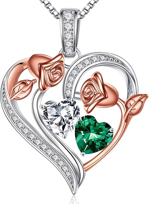Iefil Valentines Day Gifts for Her - 925 Sterling Silver Rose Heart Necklace, Birthstone Jewelry, Anniversary Birthday Gifts for Wife Girlfriend Mom Daughter