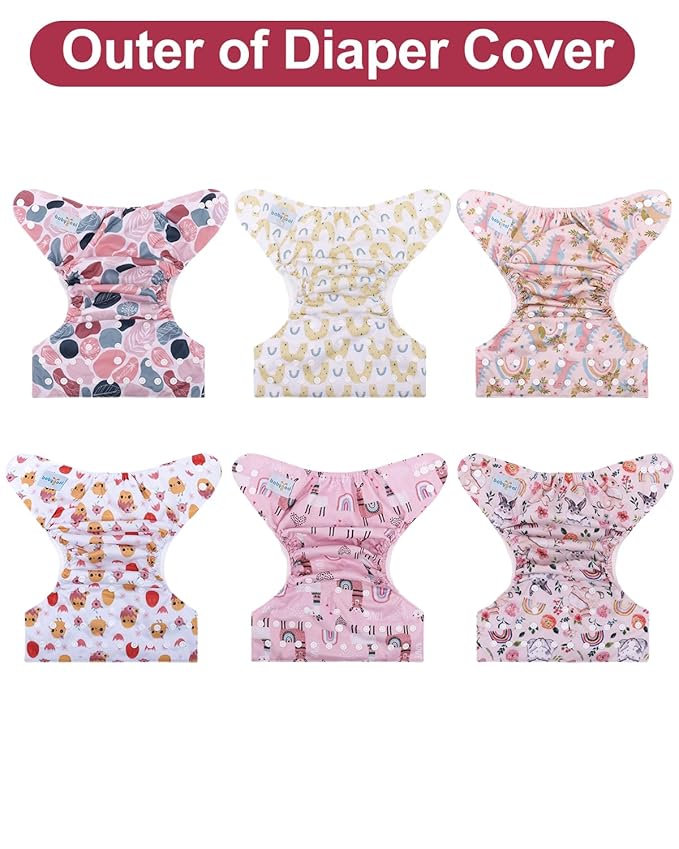 babygoal Cloth Diaper Covers 6 Pack with Wet Bag for Fitted Diapers and Prefolds with Double Gussets, Adjustable and Reusable for Baby Girls 6DCF15-B