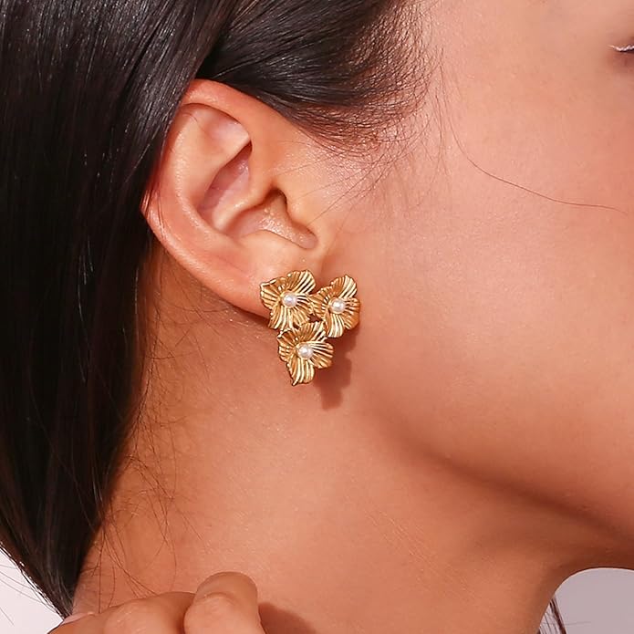 Gold Flower Statement Earrings for Women, Large Chunky Bohomian Summer Beach Floral Earring, Irregular Bold Exaggerated Earrings